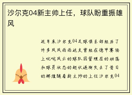 沙尔克04新主帅上任，球队盼重振雄风